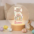 Conejito Floral Personalizado Luz de Noche LED Acrílico con Nombre y Base de Madera Decoración de Guardería Pascua Cumpleaños Regalo para Niños