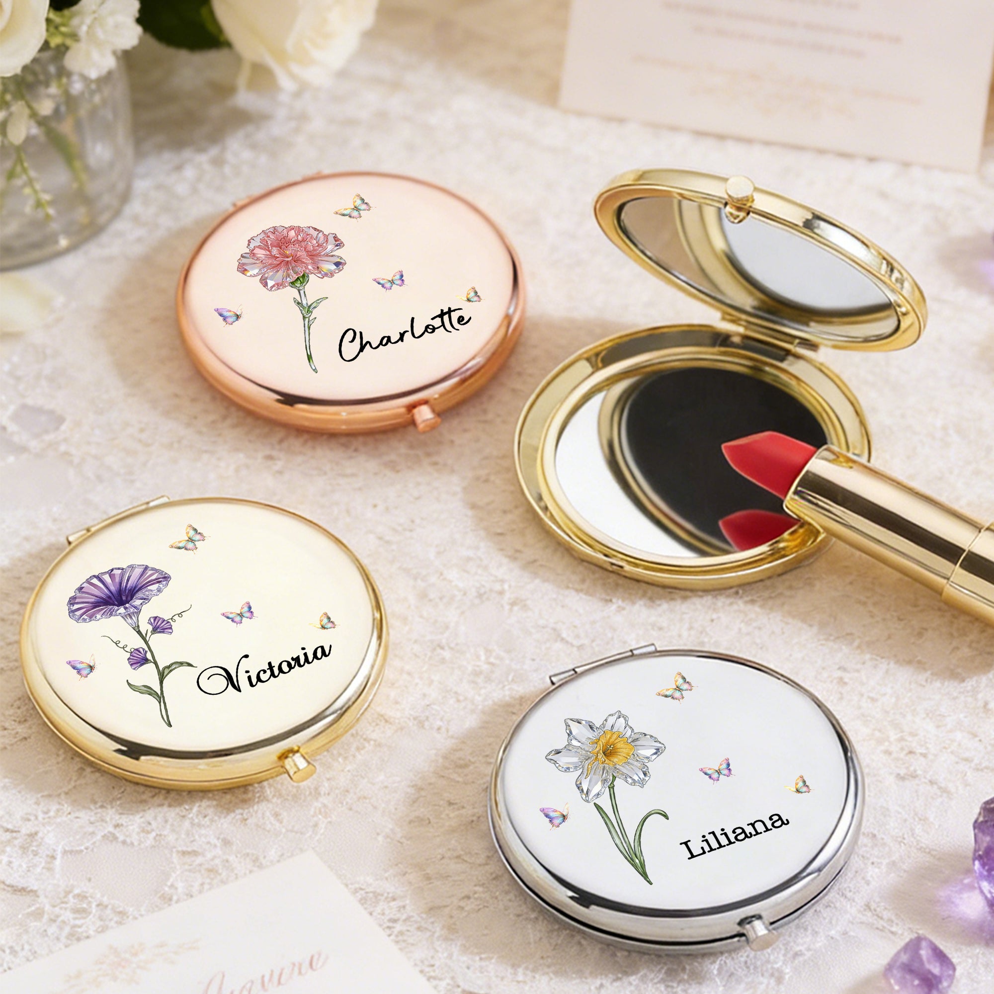 Personalizado Cristal Nacimiento Flor Mariposa Bolsillo Plegable Portátil Espejo de Maquillaje con Nombre Boda Cumpleaños Regalo para Dama de Honor Amiga Mujer