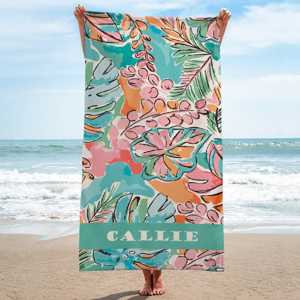 Toalla de playa de gran tamaño de secado rápido personalizada con nombre Tropical Vibe Watercolor Floral Summer Vacation Pool Party Gift for Women Swimming Lovers