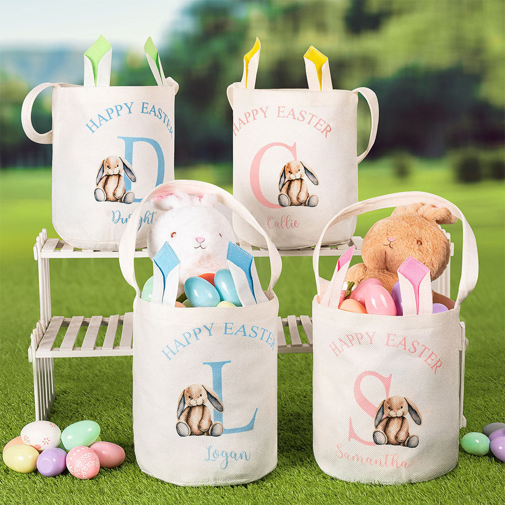 Conejito Personalizado Feliz Pascua Diseño Inicial Cesta Reutilizable Orejas de Conejo con Nombre Fiesta Favor Pascua Caza Cumpleaños Regalo para Niños Familia