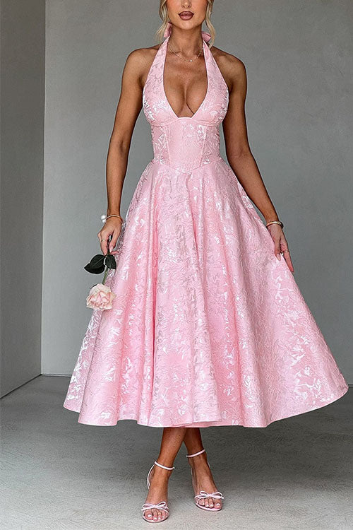 Halter V Neck Waisted Jacquard Swing Midi Party Dress