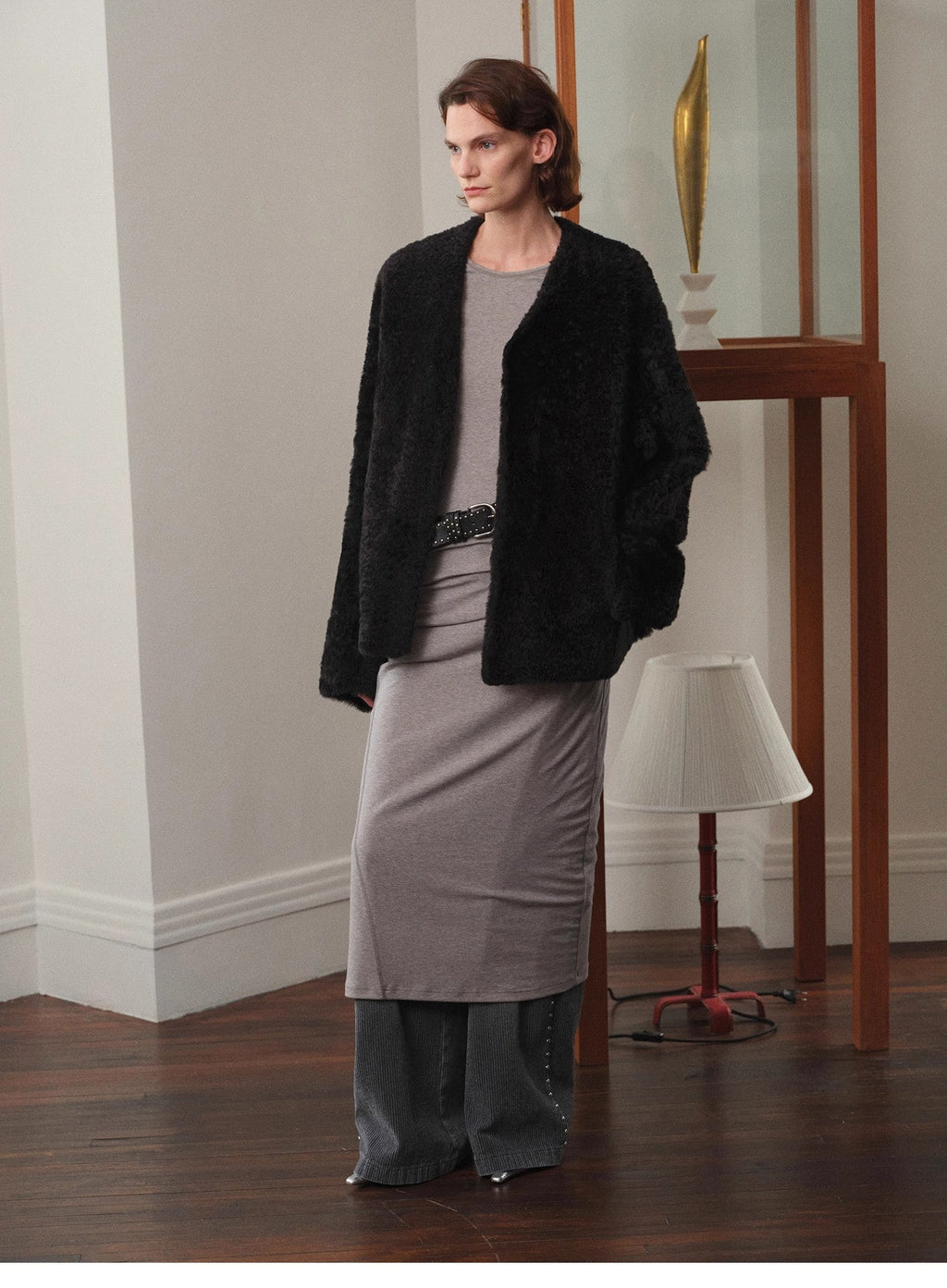 Paris Night luxury lightweight v-neck mid-length imported ragone sheepskin fur coat