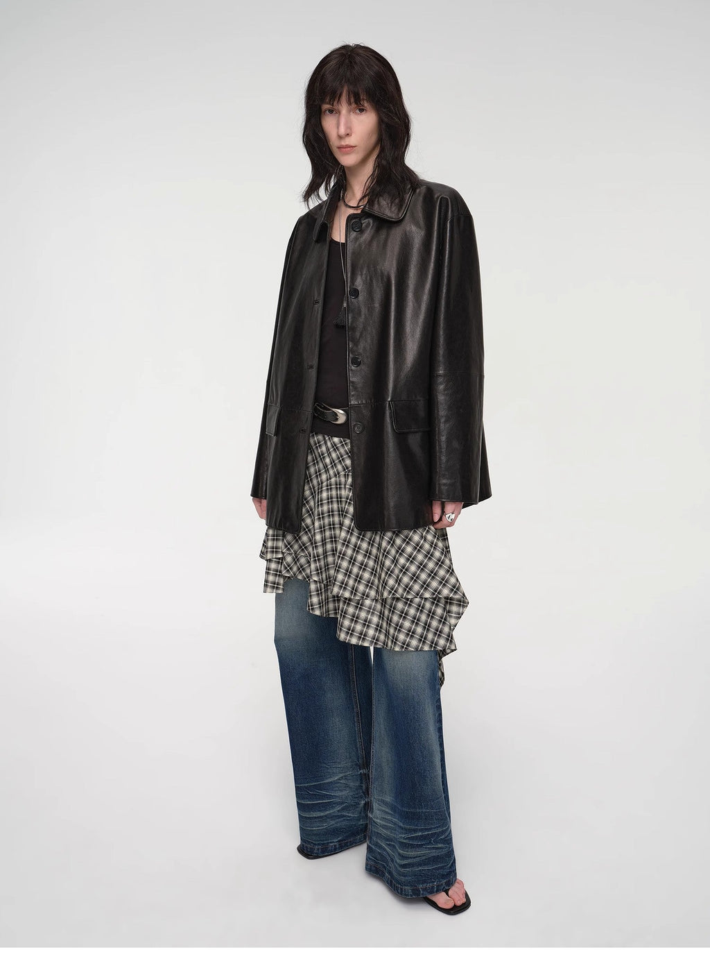 Fashionable Kuoxi goatskin simple and versatile retro suit-style leather windbreaker jacket