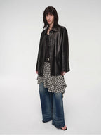 Fashionable Kuoxi goatskin simple and versatile retro suit-style leather windbreaker jacket