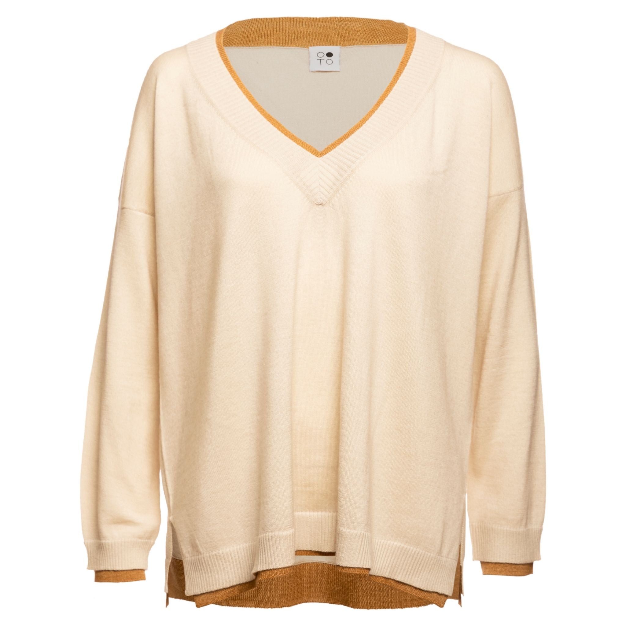 White with Beige Lapis Oversized V-Neck Sweater