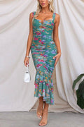 Mesh Overlay Ruched Floral Bodycon Midi Cami Dress