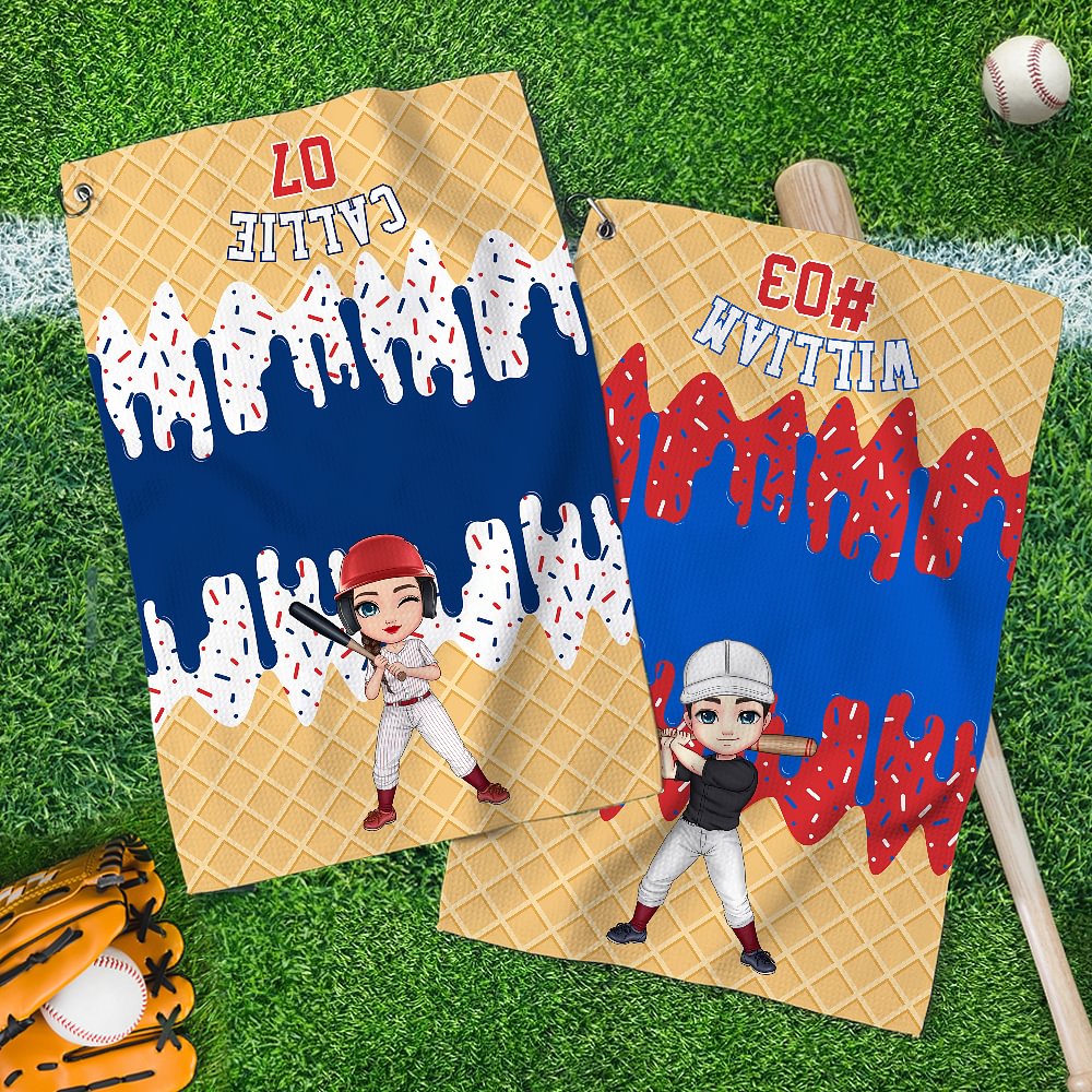 Toalla deportiva personalizada Ice Cream Baseball Cartoon Character con nombre, número y clip para colgar para los amantes del béisbol