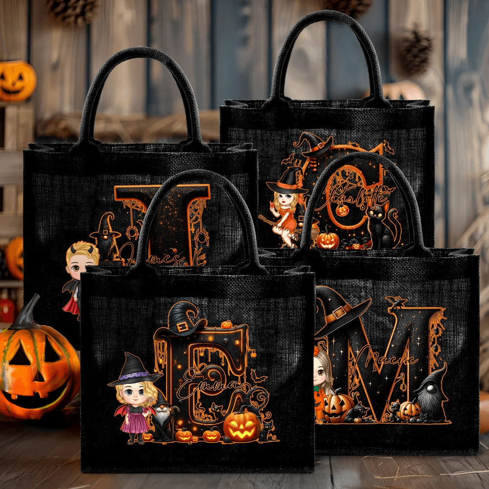 Personalizada Caricatura de Bruja Calabaza Personaje Negro Bolsa de Lino con Nombre e Inicial Fiesta de Halloween Regalo para Niños Niñas