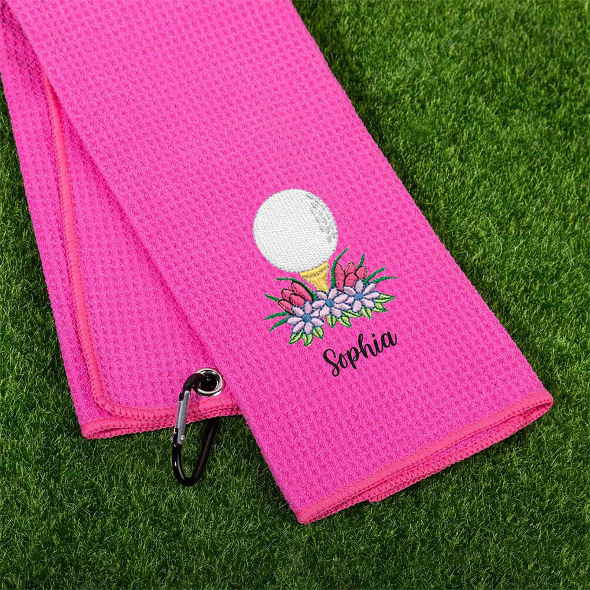 Toalla de Golf Absorbente Bordada Personalizada con Bola de Golf en Flor con Texto y Clip para Colgar Regalo de Cumpleaños el Día del Juego para Amante de los Jugadores de Golf