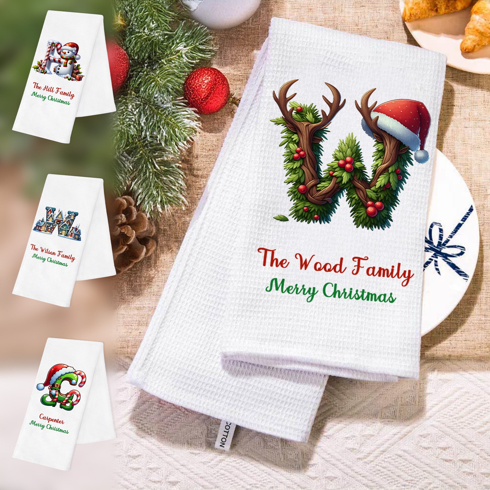 Personalizada Navidad Elfo Árbol Muñeco de Nieve Casa Inicial Waffle Toalla de Té con Texto Cocina Decoración Regalo de Navidad para la Familia Amigos