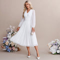 Bridal Wedding Dress White Long Sleeve Short V-Neck A-line Chiffon