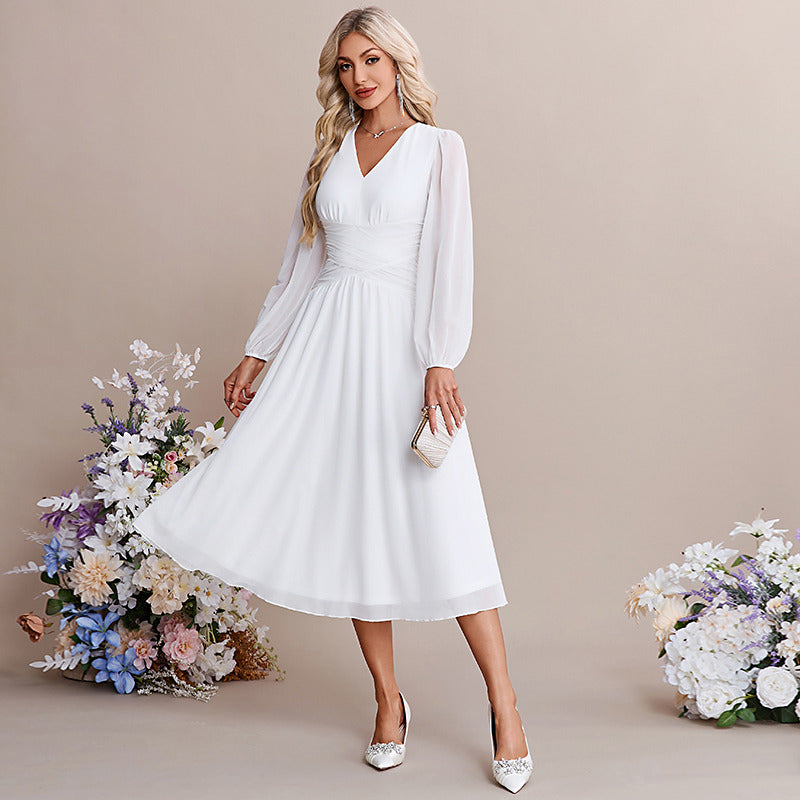Bridal Wedding Dress White Long Sleeve Short V-Neck A-line Chiffon