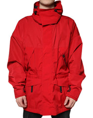 Red Nylon Hooded Men Full Zip Parka Jacket Elastane Clothing