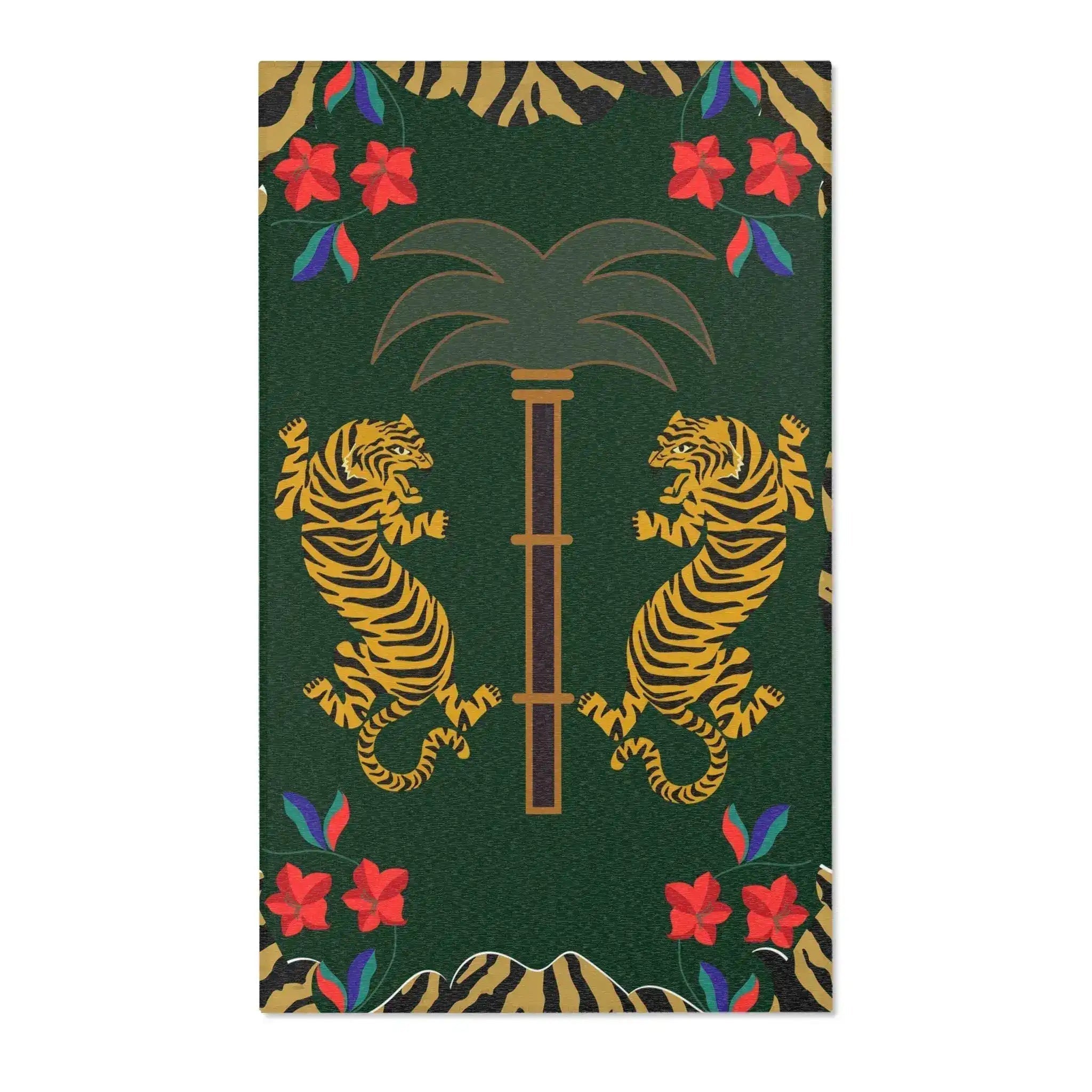 Twin Tigers Under Palm Tree Accent Rug