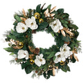 Christmas White Gold Magnolia Lighted Christmas Wreath