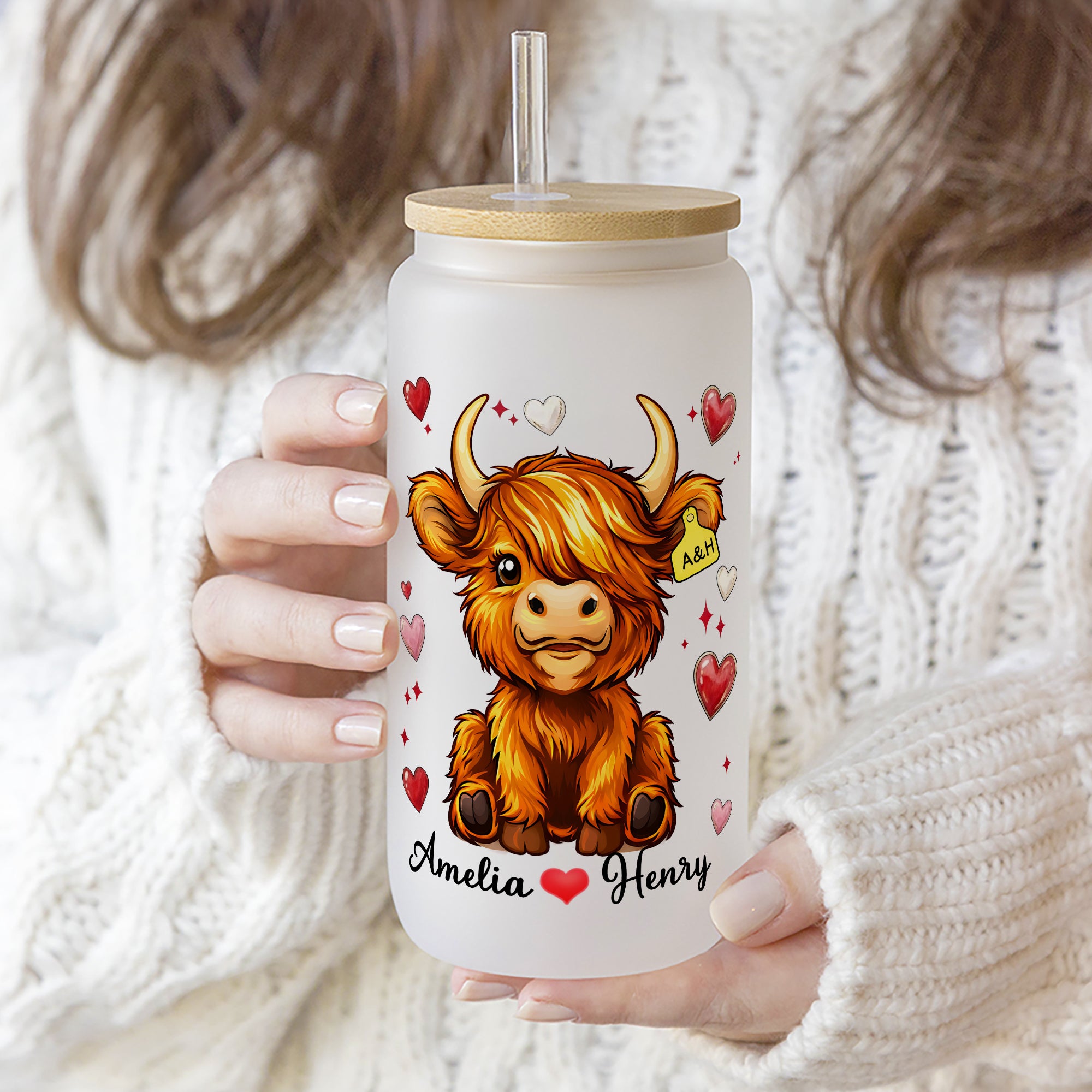 Taza de cristal transparente esmerilado con nombre y pajita personalizada Vaca de las Tierras Altas 20 oz Regalo de cumpleaños de San Valentín para pareja