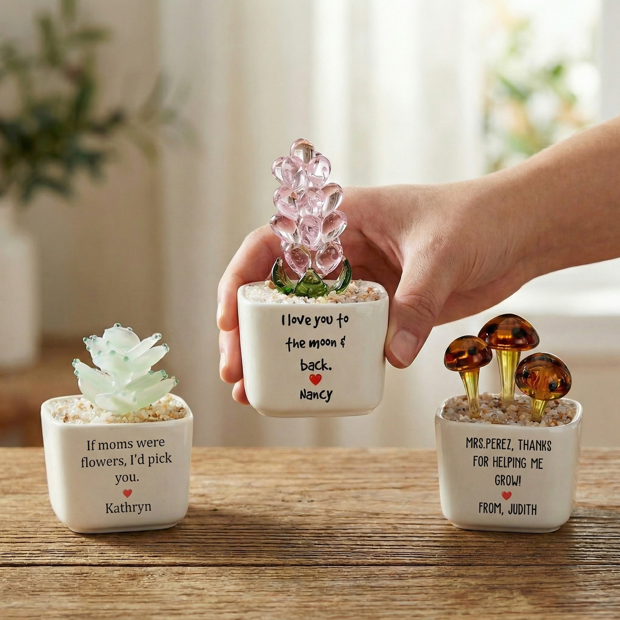 Personalizada Adorable Flor Suculenta Plantas de Cristal con Nombre y Texto Escritorio Oficina Estantería Decoración Día del Profesor Cumpleaños Regalo para Mamá Profesora