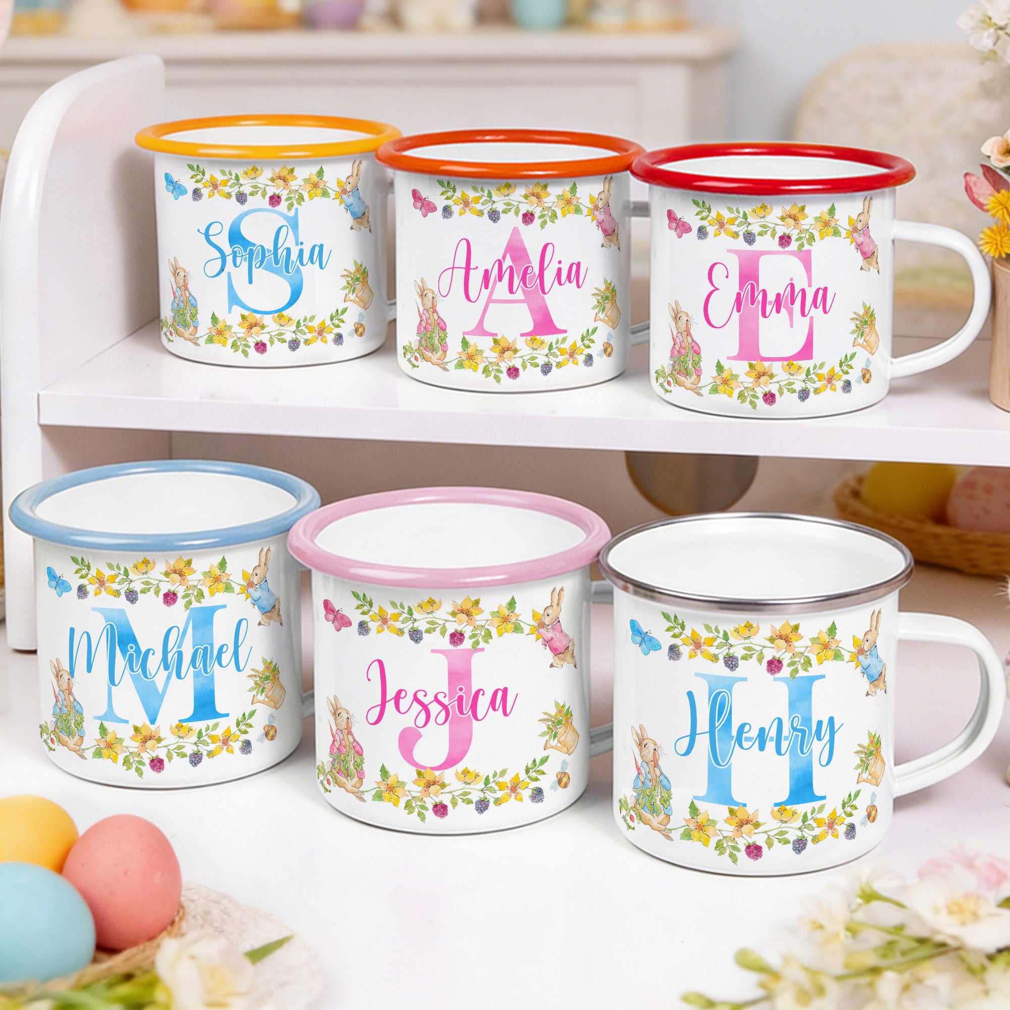 Taza esmaltada personalizada con nombre e inicial del conejo Peter en acuarela para beber a diario en el camping Regalo de Pascua para niños