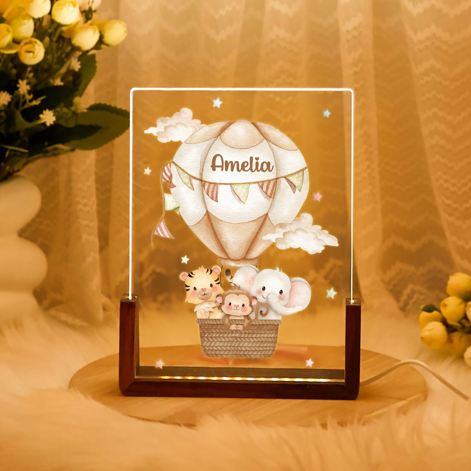 Globo aerostático de animales personalizado Luz nocturna LED acrílica con base de madera y nombre Regalo de cumpleaños Aniversario para la familia Niños