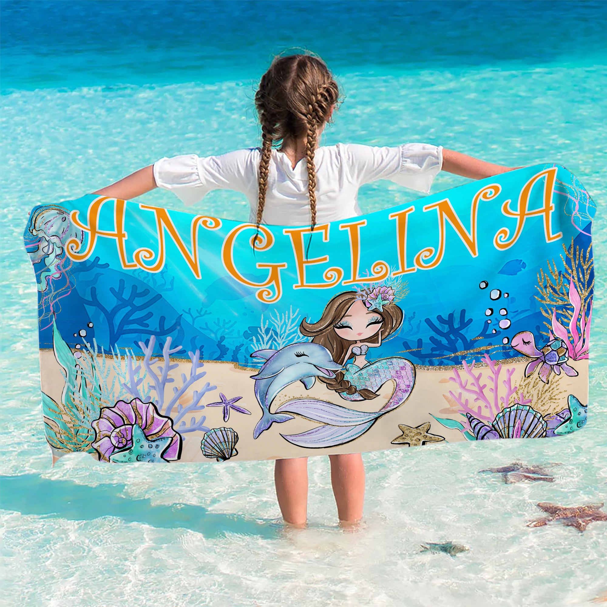 Toalla de playa personalizada con nombre de sirena de fantasía de secado rápido Fiesta en la playa Regalo navideño para niñas