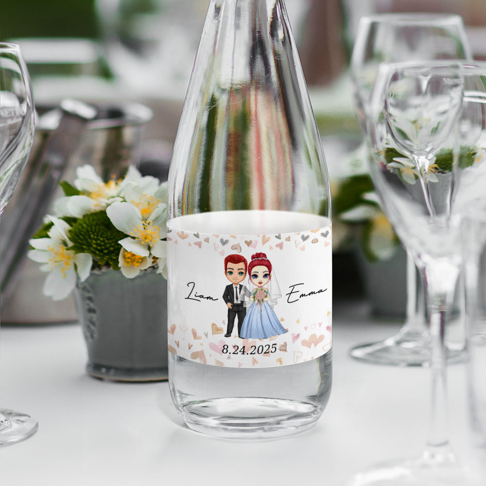 Novios personalizados de dibujos animados Botella de agua Etiquetas adhesivas con nombre y fecha de la boda Aniversario de boda Decoración para recién casados Pareja