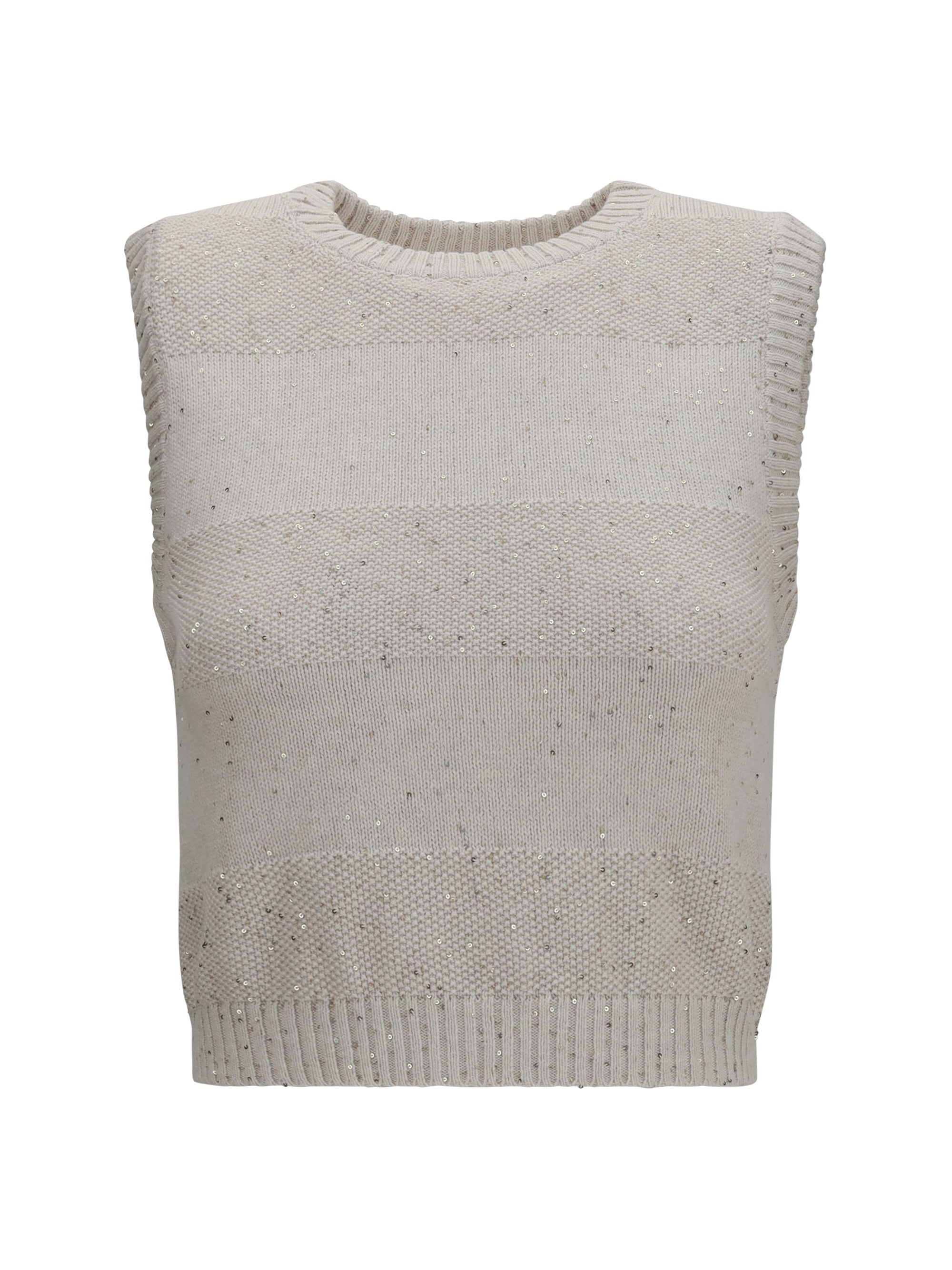 Brunello Cucinelli Sequin-Embellished Knit Vest — Beige