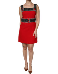 Women's Red Wool Sleeveless A-Line Flared Mini Dress Black And
