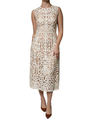 Women's White Cut Out Leather Sleeveless Midi Dress Lamb Polyester