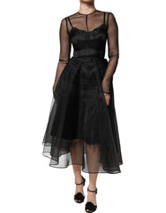 Women's Sheer Tulle A-Line Midi Dress Black Nylon Polyester