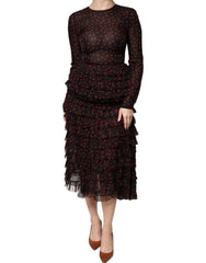Women's Black Red Polka Dot Silk Layered Midi Dress And