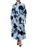 Women's Light Blue Floral Embellished Shirt Maxi Dress Linen