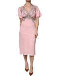 Women's Pink Floral Lace Short Sleeves V-Neck Midi Dress Silk