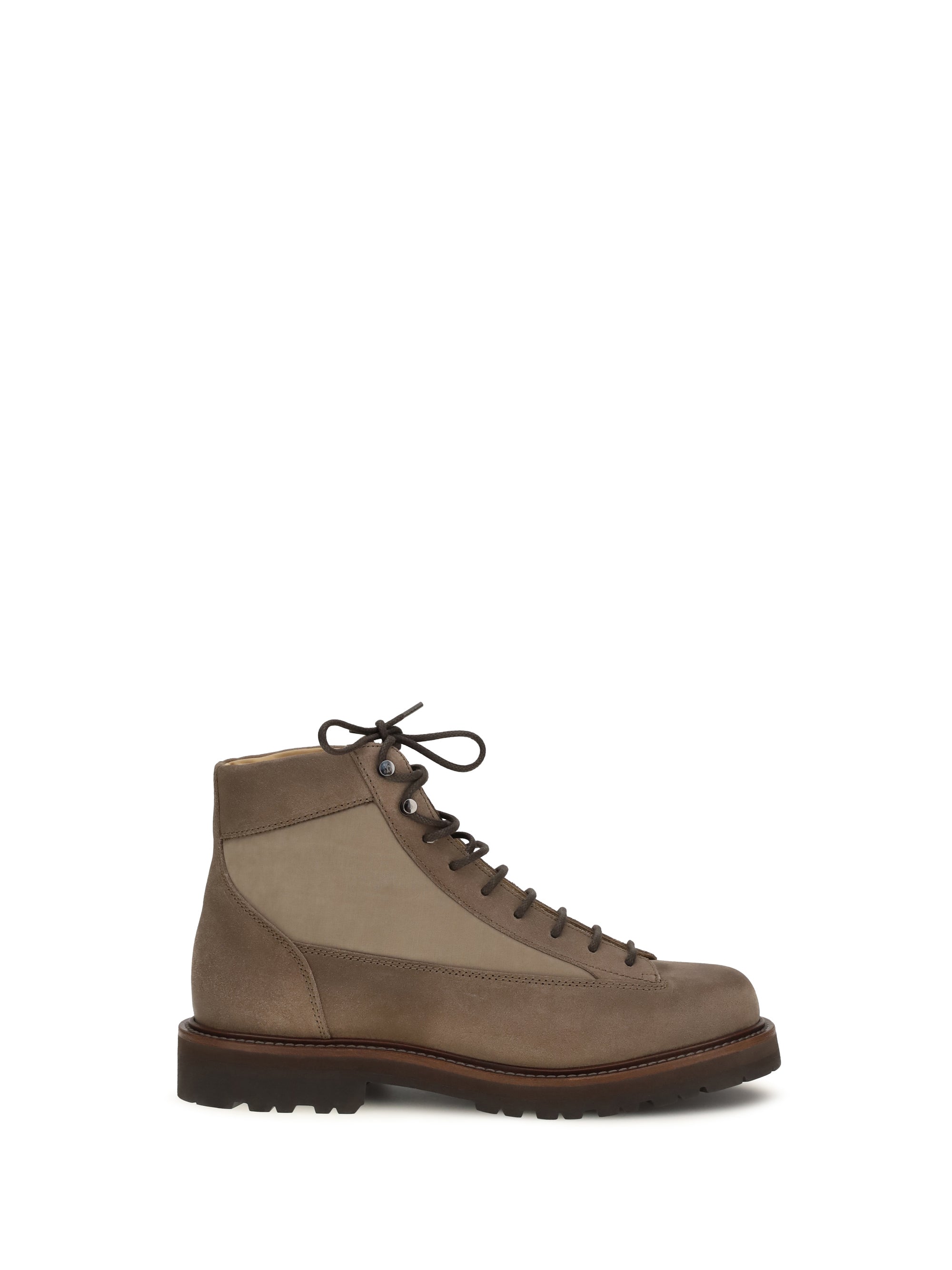 Brunello Cucinelli Lace-Up Ankle Suede Boot — Beige