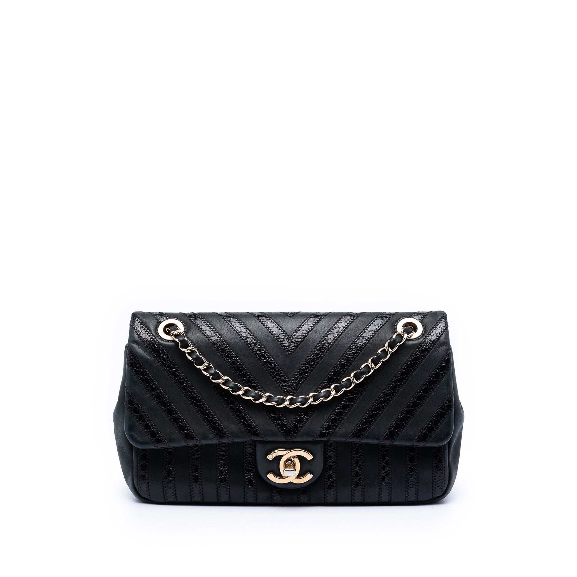 Chevron Python Embossed Calfskin and Suede Single Flap