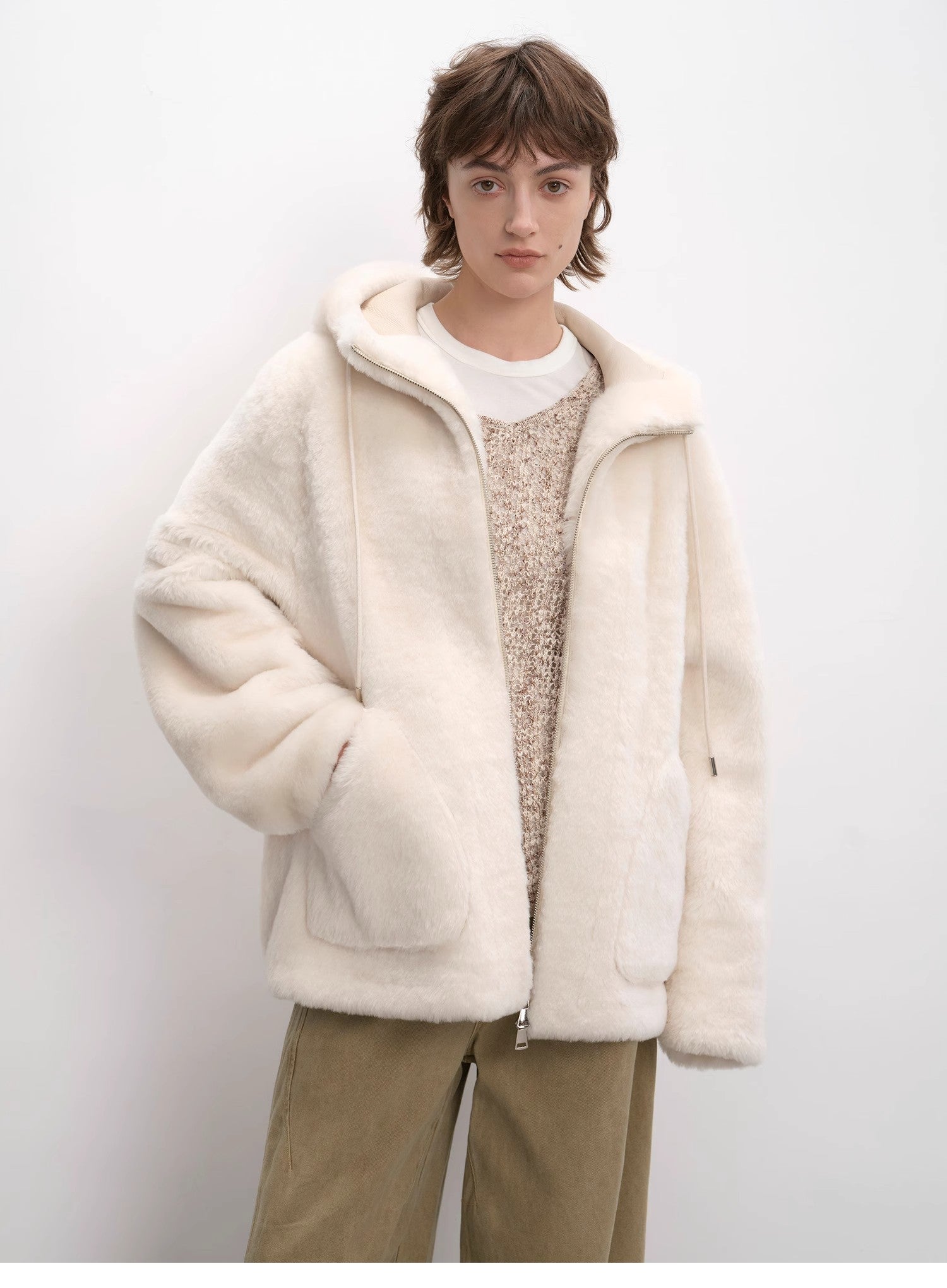 Otaru Snow casual hooded silhouette dropped shoulder merino wool sheepskin fur coat for women