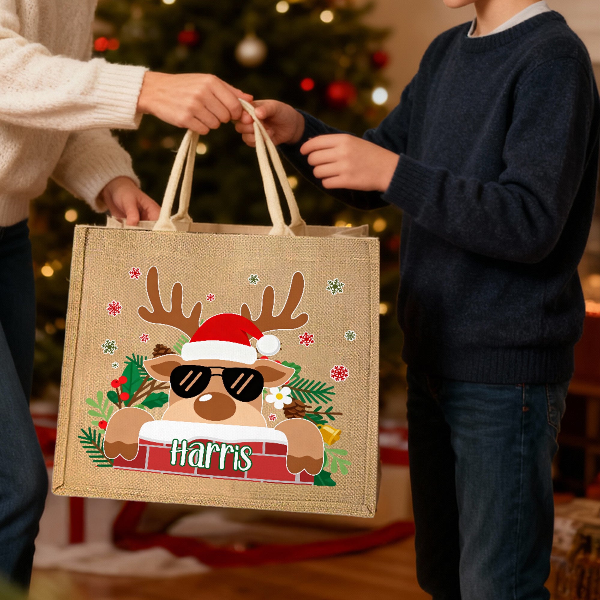 Bolsa de yute grande personalizada con el nombre de un reno de dibujos animados Fiesta de Navidad Regalo para niños Familia