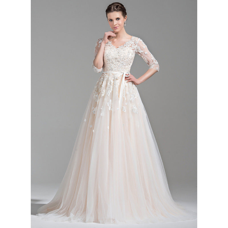 Bridal Wedding Dress White 1 2 Sleeve Long V-Neck Ball-Gown Princess