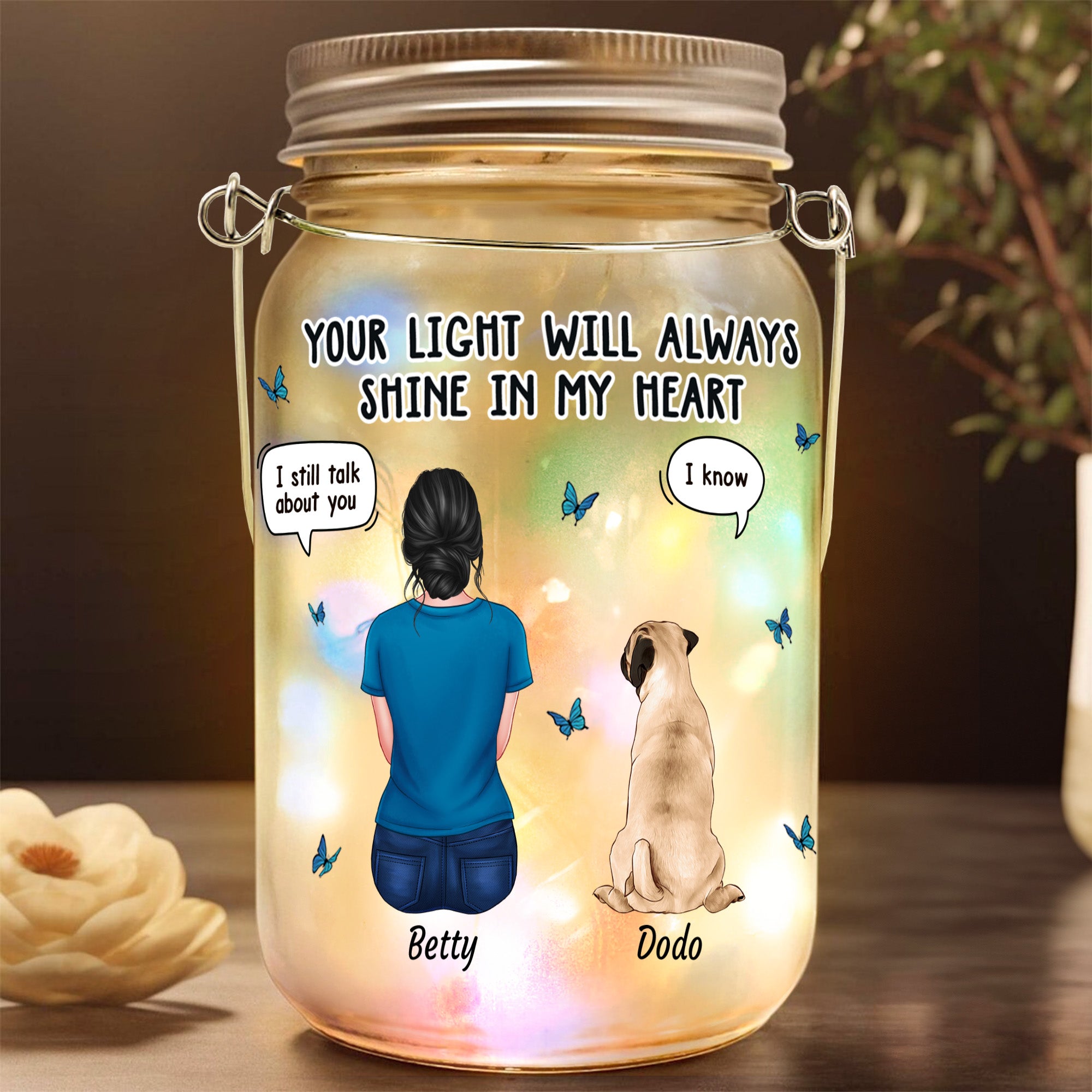 Personalizado Perro Gato Mascota Angel Wings LED Mason Jar Luz con Nombre y Título Simpatía Sentimental Regalo para los dueños de mascotas Amantes
