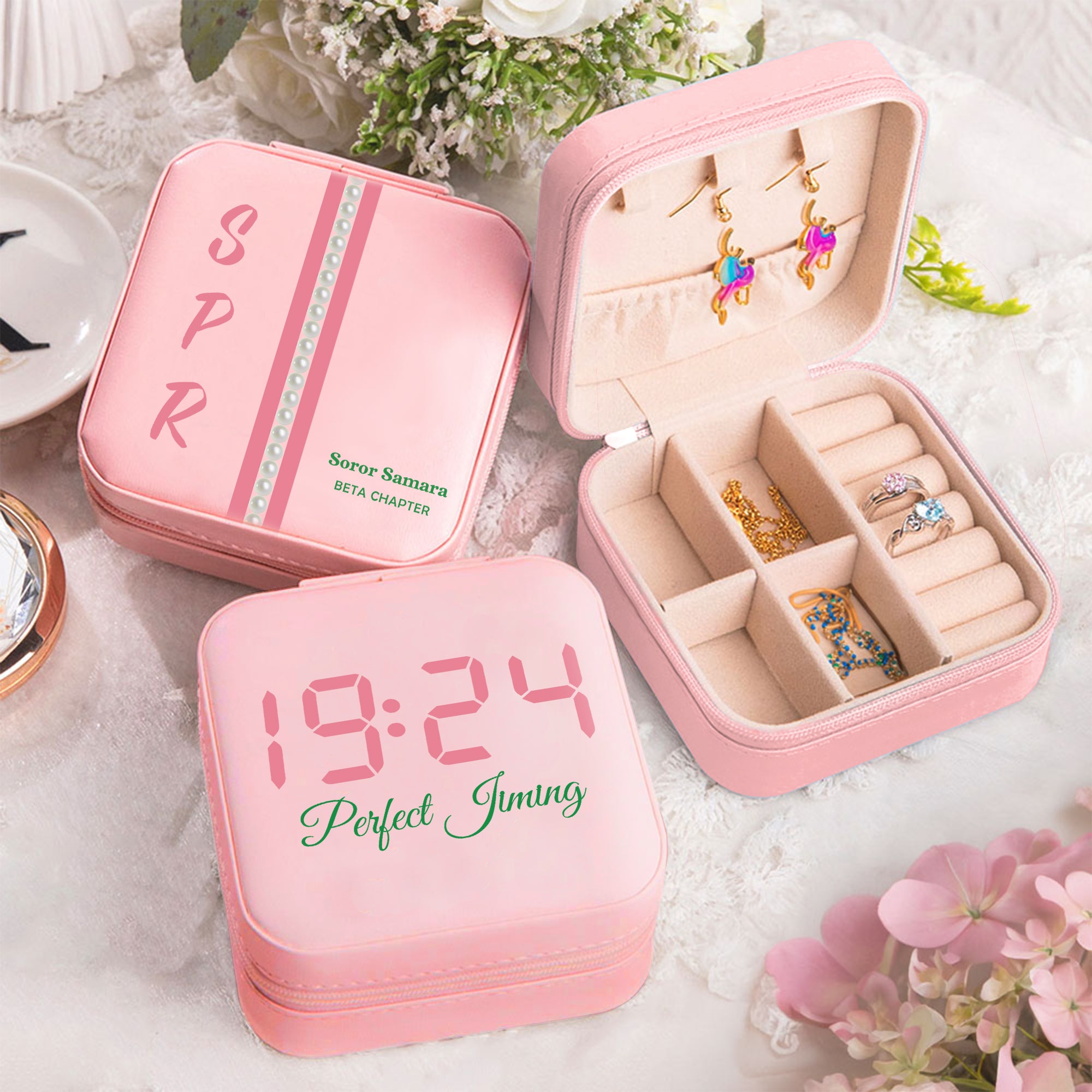 Joyero Personalizado de Cuero PU Rosa Perla con Nombre y Texto Sorority Bid Day Initiation Big Little Gift for Sorors