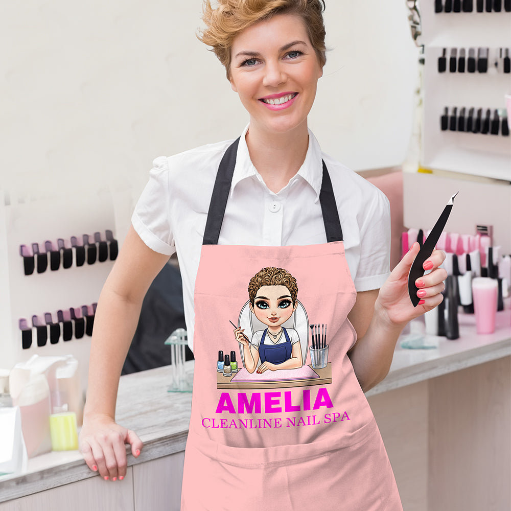 Delantal ajustable personalizado con nombre y bolsillo para manicuristas de dibujos animados regalo de cumpleaños para técnicos de uñas