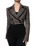 Women's Brown Plaid Long Sleeve Cropped Coat Jacket Cotton Alpaca Nylon Elastane Clothing