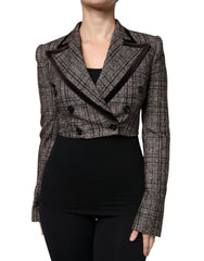 Women's Brown Plaid Long Sleeve Cropped Coat Jacket Cotton Alpaca Nylon Elastane Clothing