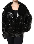 Women's Black Polyester Button Down Blouson Jacket Pu Clothing