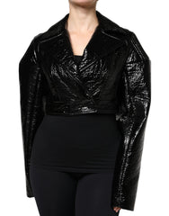 Women's Black Leather Cropped Long Sleeve Coat Jacket Clothing