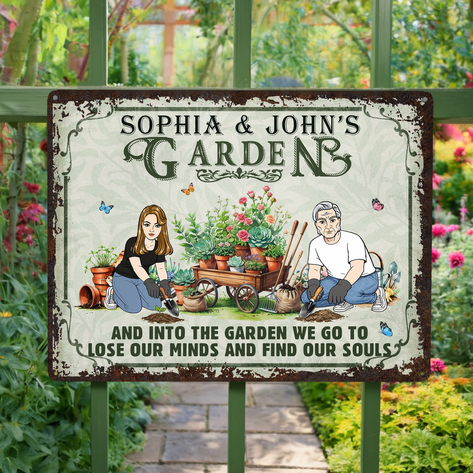 Personalizado Jardín Tema Cartoon Personaje Horizontal Metal Sign con Nombre Jardín Puerta Decoración Cumpleaños Regalo para la abuela mamá Jardín Amante
