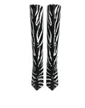 Women's Black White Zebra Heels High Boots Shoes And Lamb Leather