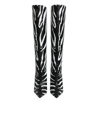 Women's Black White Zebra Heels High Boots Shoes And Lamb Leather