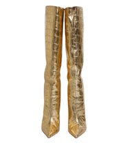 Women's Crocodile-Embossed Leather Stiletto Boot Gold