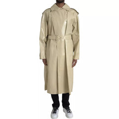 Men's Beige Lambskin Leather Trench Coat Jacket Black Calf Clothing