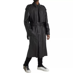 Black Leather Men Waterproof Trenchcoat Jacket Calf Clothing
